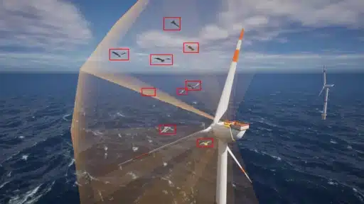 Offshore-Windpark mit zwei weißen Windturbinen im offenen Meer unter wechselnd bewölktem Himmel; im Vordergrund die Turmhaube und zwei Rotorblätter einer Windturbine, vor denen eine transparente, sechseckige Radarüberwachungszone dargestellt ist. Innerhalb und außerhalb dieser Zone sind mehrere Seevögel mit roten Erkennungsrahmen markiert.
