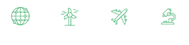 Vier kreisrunde Icons in grün auf weißem Grund, als erstes ein stilisiertes Netzgitter in Form einer Weltkugel mit Verbindungs-Knoten (beschriftet ‚Artenschutz und Hightech‘), rechts daneben ein drehendes Windrad (beschriftet ‚Energiewende‘), dann ein Seitenriss eines Verkehrsflugzeugs (beschriftet ‚Luftfahrtsicherheit‘) und als letztes ein klassisches Mikroskop (beschriftet ‚Wissenschaft & Innovationsgeist‘) 