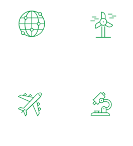 Vier kreisrunde Icons in grün auf weißem Grund, angeordnet in einem 2×2-Raster: Oben links ein stilisiertes Netzgitter in Form einer Weltkugel mit Verbindungs-Knoten (beschriftet ‚Artenschutz und Hightech‘), oben rechts ein drehendes Windrad (beschriftet ‚Energiewende‘), unten links ein Seitenriss eines Verkehrsflugzeugs (beschriftet ‚Luftfahrtsicherheit‘) und unten rechts ein klassisches Mikroskop (beschriftet ‚Wissenschaft & Innovationsgeist‘) 