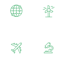 Vier kreisrunde Icons in grün auf weißem Grund, angeordnet in einem 2×2-Raster: Oben links ein stilisiertes Netzgitter in Form einer Weltkugel mit Verbindungs-Knoten (beschriftet ‚Artenschutz und Hightech‘), oben rechts ein drehendes Windrad (beschriftet ‚Energiewende‘), unten links ein Seitenriss eines Verkehrsflugzeugs (beschriftet ‚Luftfahrtsicherheit‘) und unten rechts ein klassisches Mikroskop (beschriftet ‚Wissenschaft & Innovationsgeist‘) 