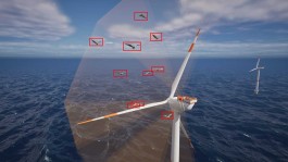 Offshore-Windpark mit zwei weißen Windturbinen im offenen Meer unter wechselnd bewölktem Himmel; im Vordergrund die Turmhaube und zwei Rotorblätter einer Windturbine, vor denen eine transparente, sechseckige Radarüberwachungszone dargestellt ist. Innerhalb und außerhalb dieser Zone sind mehrere Seevögel mit roten Erkennungsrahmen markiert. 