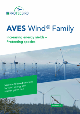 Titelblatt einer Protecbird-Broschüre mit dem Schriftzug ‚AVES Wind Family – Steigerung der Energieerträge und Schutz von Arten‘. Abgebildet sind Windräder im Meer und an Land sowie ein fliegender Rotmilan, der mit einem grünen Rahmen und der Beschriftung ‚Red Kite 0.92‘ markiert ist.“ 